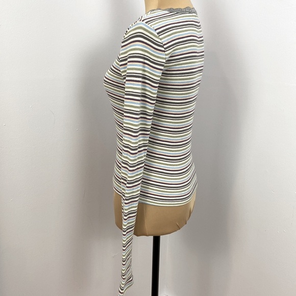 Ivy+Main Cropped Multi Striped Thermal Knit Long Sleeves Lace Neck Shirt Size S - Picture 4 of 10